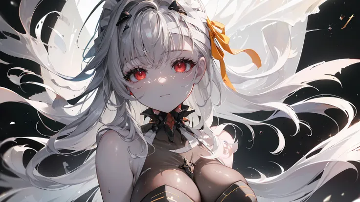 ((((Obra maestra, La mejor calidad, ultrahigh resolution)))), 1girl, standing, (cute maid costume), ((long pure silver hair and grey mesh hair, hair over eye)), long hair cut, pale skin, ((red eyes)), glowing_eyes, neon eyes, (ultra detailed eyes:0.7, beau...