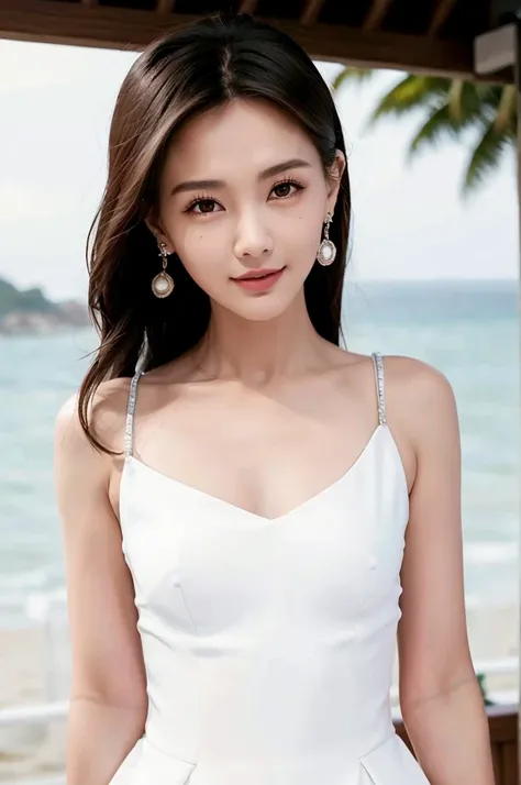 1 Girl, Solitary, Practical, Smile, Head tilt,  Pink slip dress, Grin, Upper Body,  ( Beach,  background:1.5),  (OK:1.5), ulzzang-6500v1.1, (The original: 1.2), (Practical: 1.3) , beautiful girl，Beautiful details, Extremely detailed eyes and face, 眼睛有着Beau...