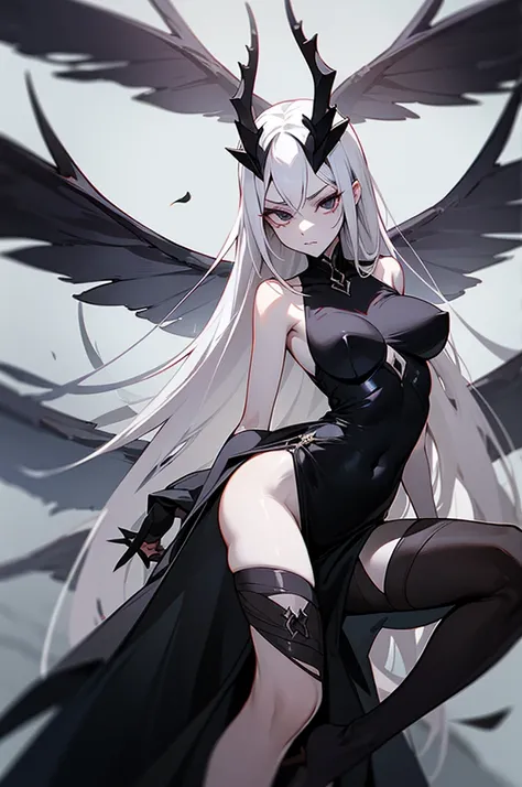 Izanami Demon of death, appearance of a 26-year-old woman, very elegant and expensive black dress, totally black eyes, dark gray flesh and blood, very pale skin, light gray hair, black claws, sharp gray teeth, great beauty ,dark gray deer antlers on her he...