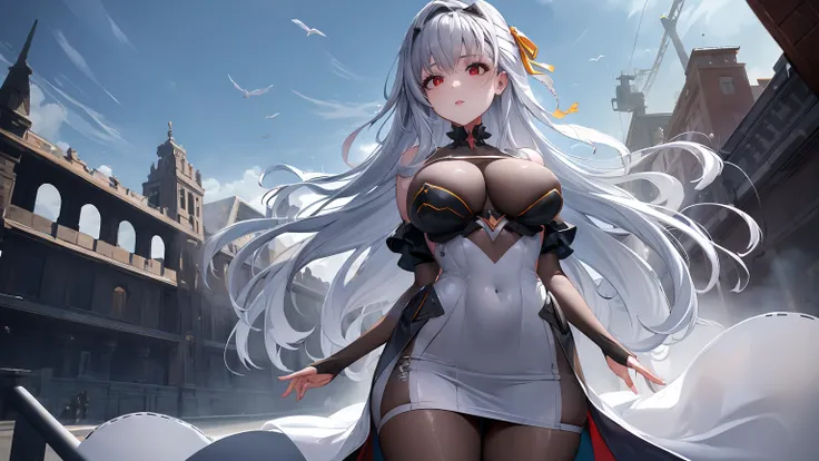 ((((Obra maestra, La mejor calidad, ultrahigh resolution)))), 1girl, standing, (cute maid costume), ((long pure silver hair and grey mesh hair, hair over eye)), long hair cut, pale skin, ((red eyes)), glowing_eyes, neon eyes, (ultra detailed eyes:0.7, beau...