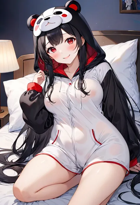 (Kigurumi pajamas style) (18 yo, solo straight:1.2 black hair long hair sexy dominance lady, detailed red eyes, love smile, big tits), (in a Kumamon:1.5 hooded, kumamon kigurumi), break, in the lovely bedroom of night, BREAK, masterpiece, best quality, 16k...