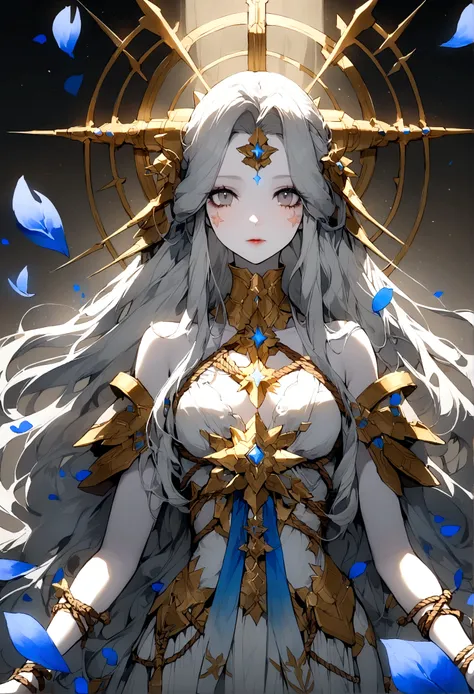 Goddess of the Stars, Perfect woman， ( Pale skin, Slim, Gray eyes, Long hair, Beauty mark), dress, Gold and rope accessories,Receive light from the front, Ethereal Light, Blue petals