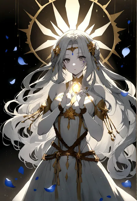 Goddess of the Stars, Perfect woman， ( Pale skin, Slim, Gray eyes, Long hair, Beauty mark), dress, Gold and rope accessories,Receive light from the front, Ethereal Light, Blue petals