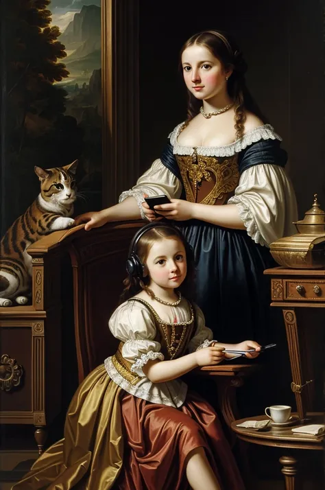 Baroque painting realism girl sitting with cell phone and animals beautiful landscape work of art oil 