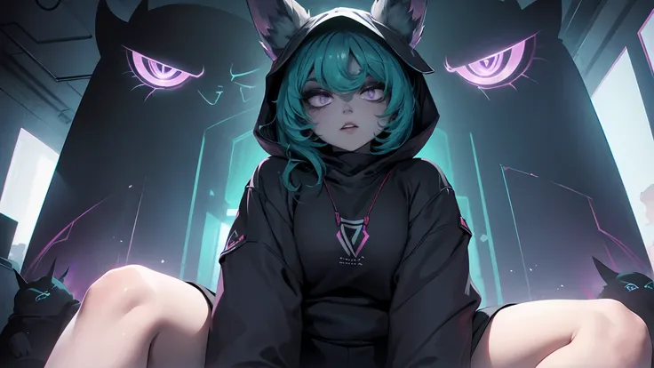 girl, large black sweatshirt, sitting posture, calm look, Sitting in front, legs open, a dark room, evil eyes, glowing skin, Looking ahead, facial expression