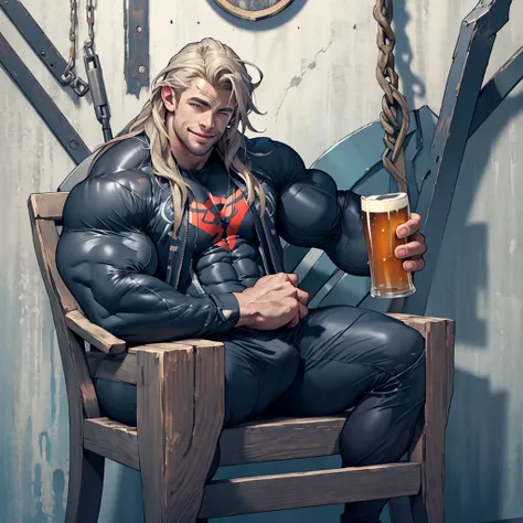 8k , masterpiece,  solo man , 1 man only , detailed face , detailed fingers,  detailed muscles,  detailed background,  chris hemsworth as thor relaxing on a chair with spreadlegs ,showing muscles and bulge  smiling , satisfied from his victory,  wearing hi...