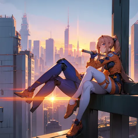 Anime girl with builder suit, Sitting at the edge of a tall building, holding a construction tool, beautiful city sunset on background