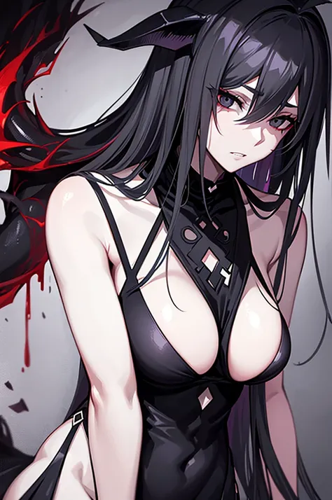 Izanami Demon of death, appearance of a 26-year-old woman, very elegant and expensive black dress, totally black eyes, dark gray flesh and blood, very pale skin, light gray hair, black claws, sharp gray teeth, great beauty ,dark gray deer antlers on her he...