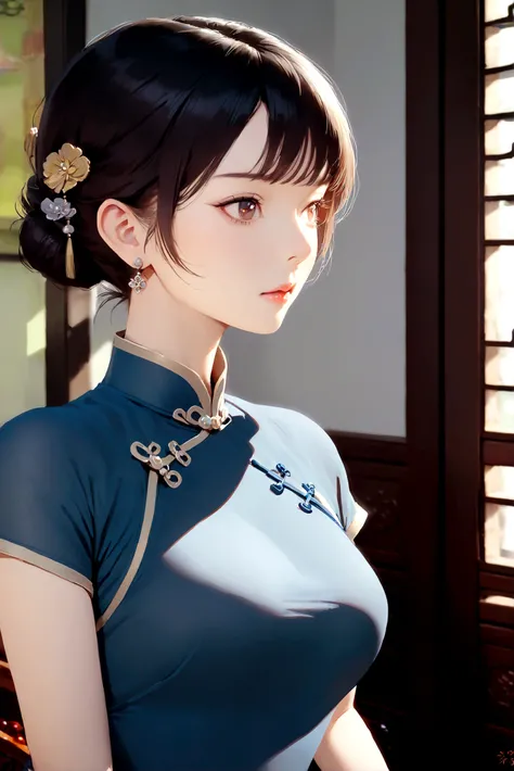 best quality, masterpiece,1girl, solo, breasts, short hair, black hair, hair ornament, cheongsam, brown eyes, jewelry, closed mouth, upper body, short sleeves, earrings, indoors, hair bun,black eyes, lips, looking to the side, blue cheongsam, looking away,...