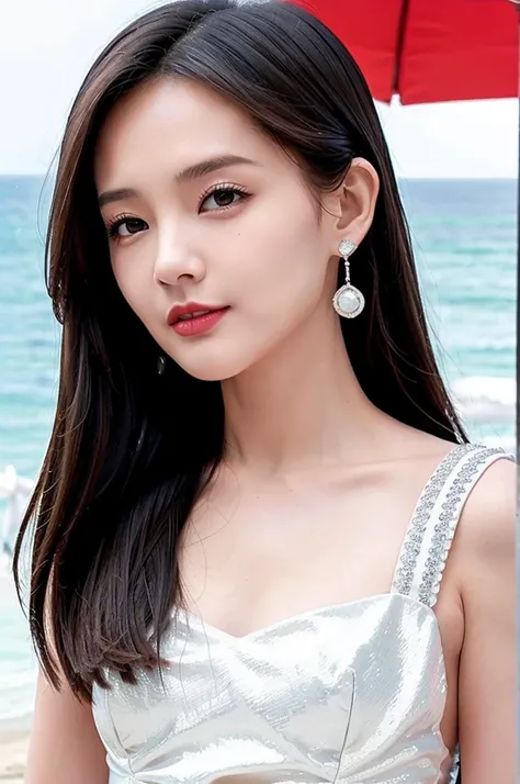 1 Girl, Solitary, Practical, Smile, Head tilt,  White Wedding Dress, Grin, Upper Body,  ( Beach,  background:1.5),  (OK:1.5), ulzzang-6500v1.1, (The original: 1.2), (Practical: 1.3) , beautiful girl，Beautiful details, Extremely detailed eyes and face, 眼睛有着...