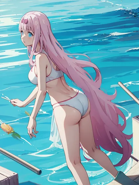 Full Body Shot、Semi-long hair、Pink Hair、Pale blue eyes、、Swimsuit、pool、Medium breast、、whole body、stick out your butt