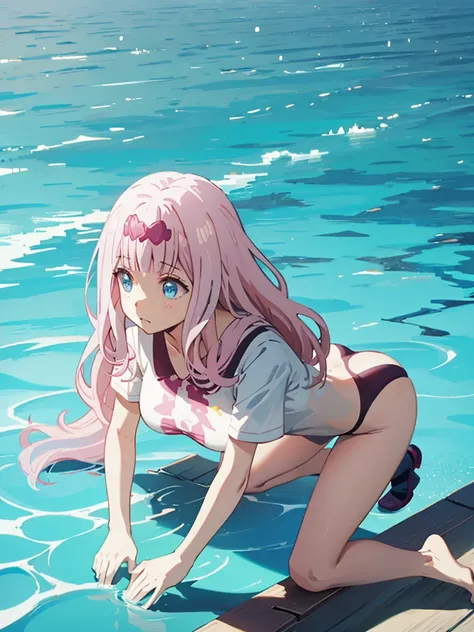 Full Body Shot、Semi-long hair、Pink Hair、Pale blue eyes、、Swimsuit、pool、Medium breast、、whole body、stick out your butt