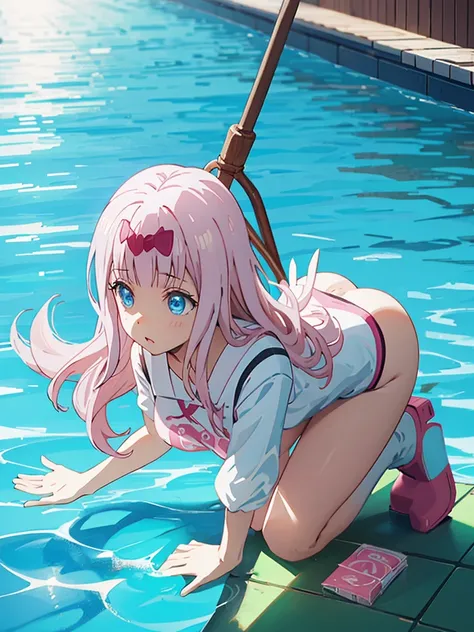 Full Body Shot、Semi-long hair、Pink Hair、Pale blue eyes、、Swimsuit、pool、Medium breast、、whole body、stick out your butt