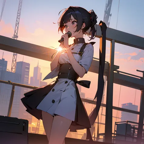 Anime girl with j-pop star dress, singing at the edge of a tall building, Microphone on hand, holding a construction tool, beautiful city sunset on background