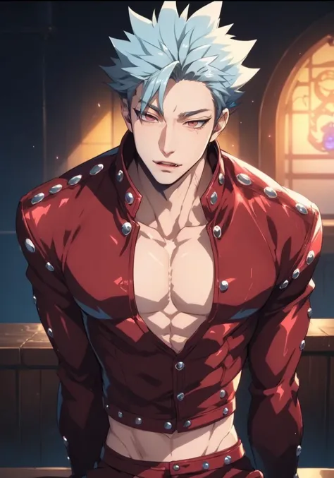 A beautiful anime-style boy with a well-defined sixpack, perfect facial features, detailed eyes, sharp jawline, piercing gaze, intricate hair, glowing skin, dynamic pose, dramatic lighting, vibrant colors, cinematic composition, intricate details, highly d...