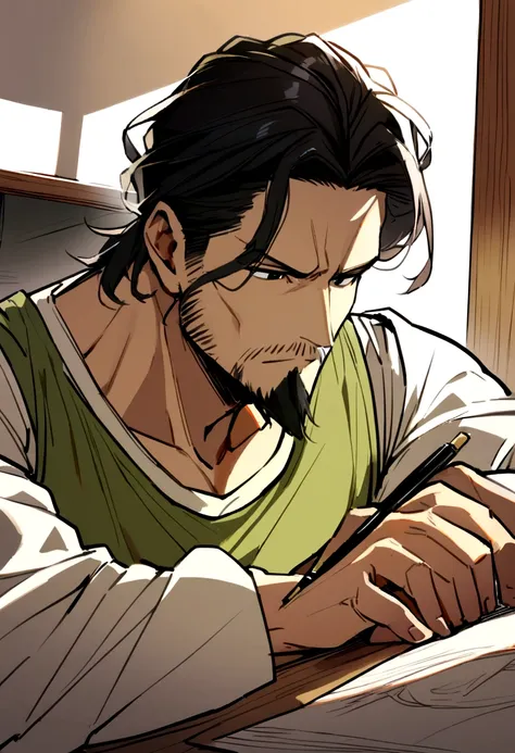 40 years old man, long and slightly curly black hair to the shoulder, dull black eyes, goatee, green tank top, white shirt inside. The man is drawing a blonde girl