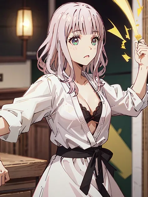 karate、dojo、The gi is exposed、are fighting、The chest is fluttering、Bra is slightly visible、I can see the cleavage、I can see your chest、I can see the side、Pink Hair、Medium Hair、Black ribbon