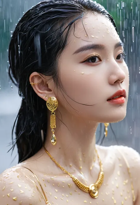 Gold Tattoo，Girl with gold earrings in the rain, Using VRay tracking style, Martin, yuumei, Inverted, close up, Dark white and gold, sketch, masterpiece, best quality,