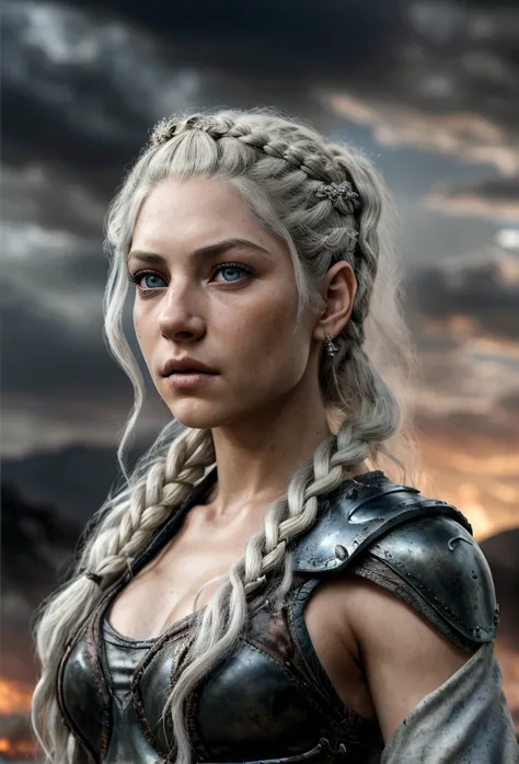 A realistic image for a photograph of a Targaryen princess in the appearance of a Targaryen warrior. Her body is incredibly defined, muscular, and feminine, reflecting both strength and grace. Her white hair cascades in multiple braids, adorned with intric...