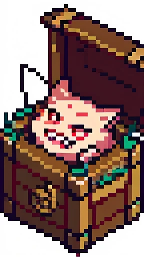 An anime-style drawing of a Mimic from japanese RPG, appearing as a treasure chest with a sinister grin, sharp teeth, and a protruding tongue. The background shows an ancient dungeon with dim lighting and cobwebs in the corners.