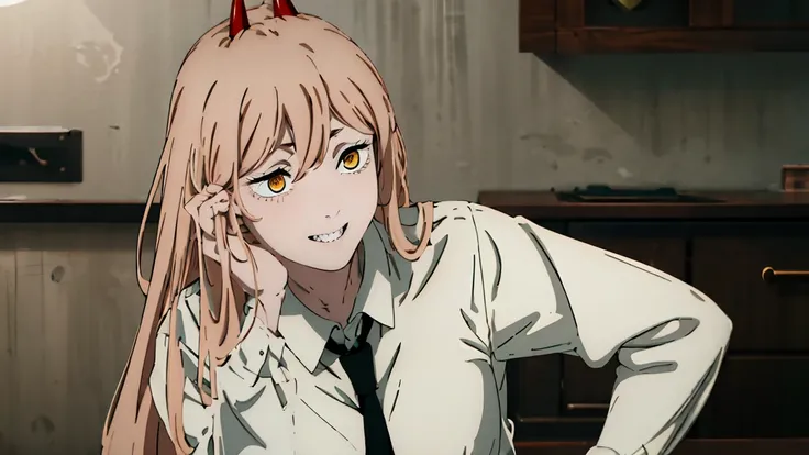 (Best quality), (masterpiece), (only), 1 girl, Maybe_XM, peach hair, yellow eyes, cross-shaped pupils, pupils in the form of symbols, red horns, white button up shirt, black tie, sharp teeth, smile, long hair, whole body