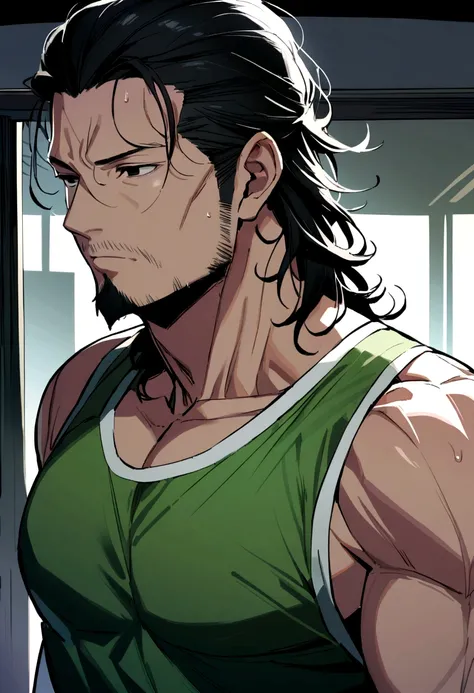 40 year old man, long black hair and slightly curly shoulder length, dull black eyes, goatee, green tank top, white shirt inside.