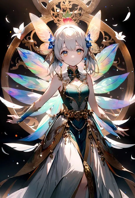 Flower Fairy, Transparent and colorful feathers, Magic wand，Chinese style，8K，Light and mature style，The eyes are sad，Anatomical details