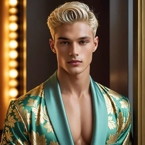 Candid Vogue fashion editorial photo  of 2man, featuring a mixed male supermodel, aged 23 angel face like with an attractive and charming presence, short platinum blonde hair in an undercut hairstyle, masculine appearance with slender physique, small pecto...