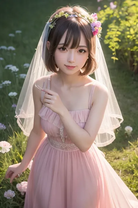 1girl, tayror swift, (pink long dress), (sheer ruffle dress), smile, frilly ribbon on head, A shining veil made of particles of light on head, japanese idol, in the field many flowers, masterpiece, high quality, beautiful, 4k, beautiful detailed, glow, mul...