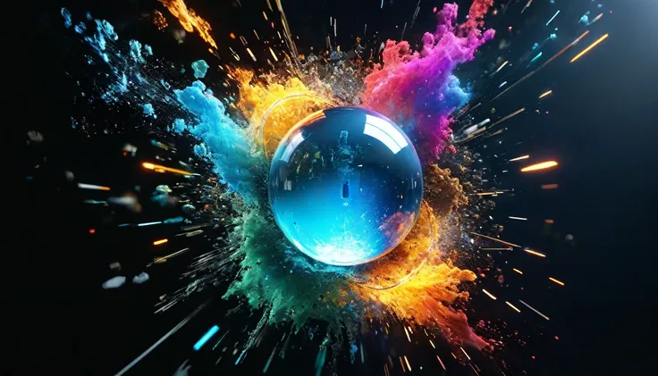 In the center, place a clear glass, shiny round light bulb surrounded by the explosive burst of fine powder in 3D, where each particle glows with a metallic sheen. The colors should spread dynamically across a solid black backdrop, creating a striking cont...