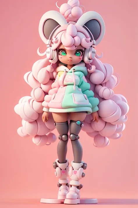  (full body);Create a series of cute black afro dolls chibi style afro skin; cyberpunk style; 3d; cute; 3d toy art; toy art; anime style; glitter; color pink; color white; Bunny details; cyberpunk details; robot limbs; wavy and curly hair; eyes must be lar...