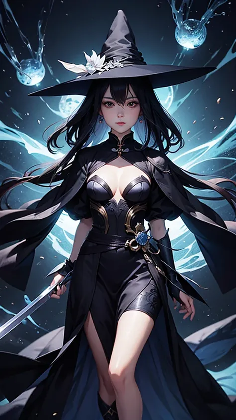 A woman in a dress、Close-up of woman holding sword, dark witch full view, dark witch fullbody pose, Full body fairy, Beautiful full body concept art, Humanity :: witch, A complete portrait of an elementalist, Onmyoji detailed art, witch, feng zhu concept a...