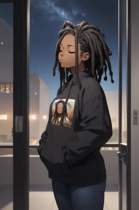 (masterpiece), best quality, (1girl, african American), solo, (closed eyes, natural face, mature female), black hair, locs/dreadlocked hair, muscle growth, indoor, night sky, (standing, looking at viewer), (casual clothing, closed mouth, looking stern)