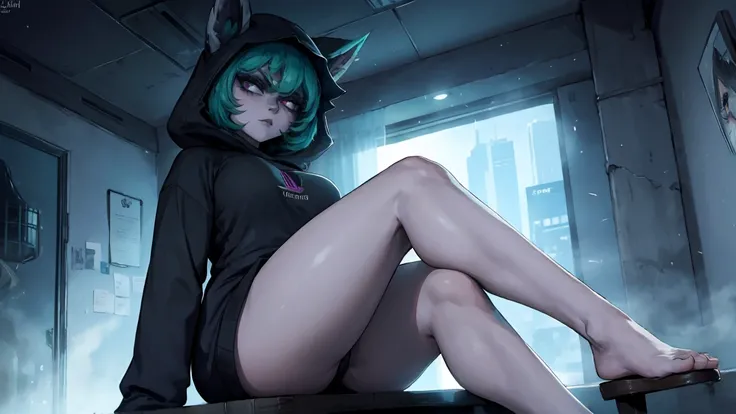 girl, large black sweatshirt, sitting posture, calm look, Sitting in front, legs open, a dark room, evil eyes, glowing skin, Looking ahead, facial expression