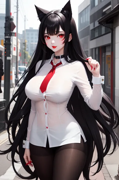 1 girl、Detailed facial details，Cat ear，Black long hair,red lips，Slim，Pure white shirt，Student Clothing，Large Breasts，Charming red eyes,，handcuffs，collar，Radiant Skin，campus，forest