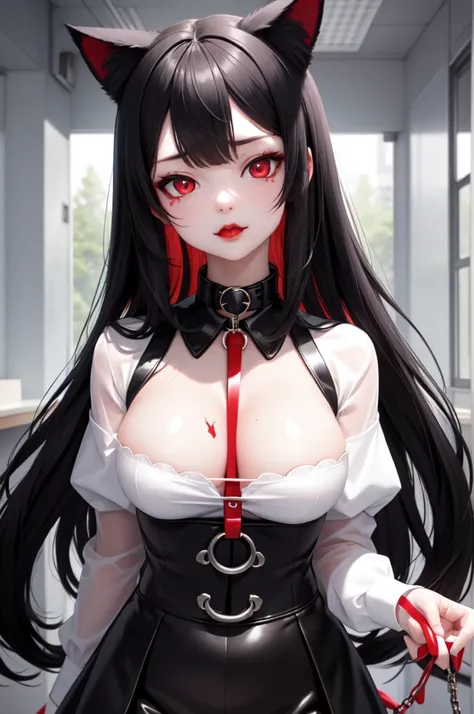 1 girl、Detailed facial details，Cat ear，Black long hair,red lips，Slim，White latex school uniform，Student Clothing，Large Breasts，Charming red eyes,，handcuffs，collar，Radiant Skin，campus，forest