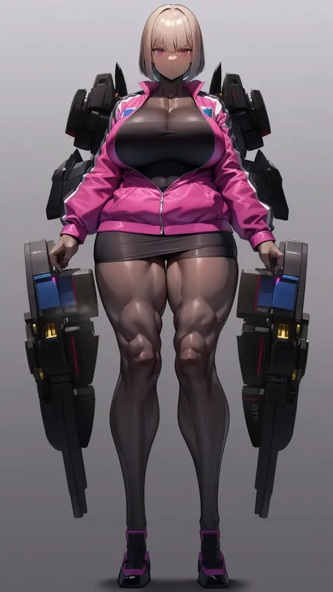 E girl cut hair Bob color pink jacket open mini skirt (((mecha legs Master piece Ultra Quality))), stand pose head on full body , (tall, muscular:1.3), (dark skin, perfect skin:1.8), (big breasts:1.3),Grt2c