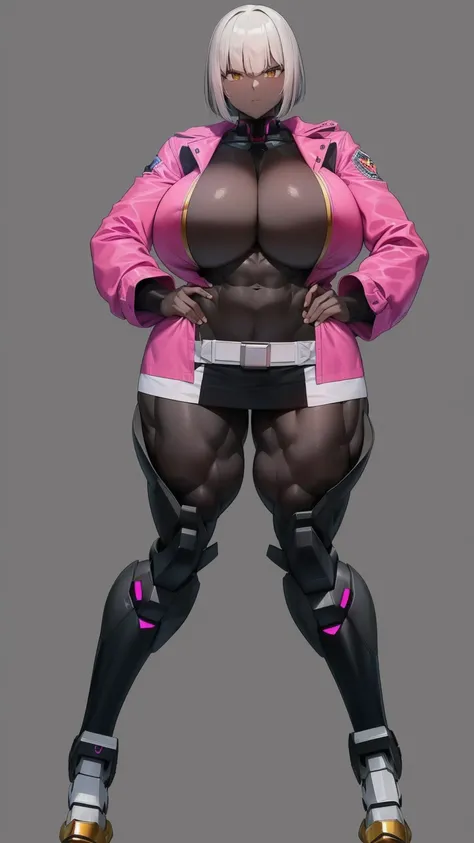 E girl cut hair Bob color pink jacket open mini skirt (((mecha legs Master piece Ultra Quality))), stand pose head on full body , (tall, muscular:1.3), (dark skin, perfect skin:1.8), (big breasts:1.3),Grt2c