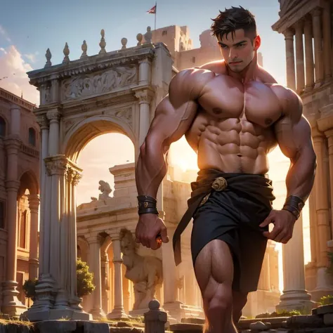 Mighty gladiator, chest uncovered, lower body revealed from thighs to feet, cascading long curls, detailed muscular physique, lifelike depiction, 32K resolution. Background: Colosseum during a spectacular sunset,32k uhd, best quality, masterpiece, super de...