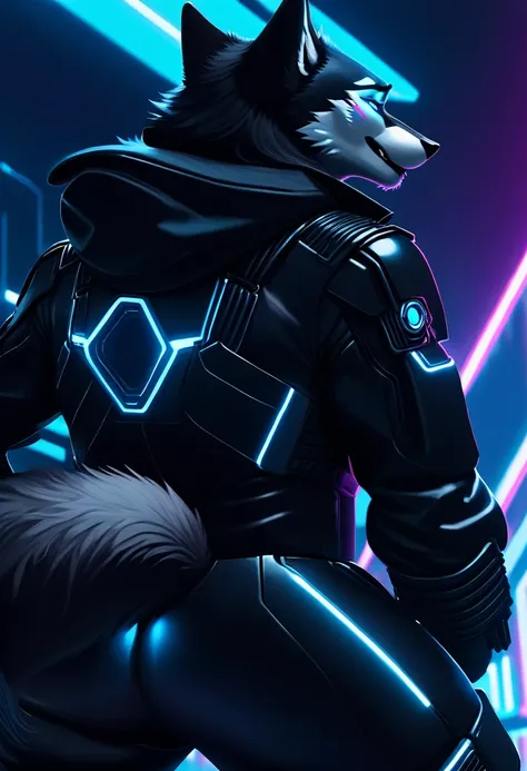 a close up of a person in a black suit with a wolf on his back, cyberpunk art inspired by Wolf Huber, Artstation contest winner, furry art, wolf armor, an anthropomorphic cyberpunk fox, husky in shiny armor, anthropomorphic wolf, an anthropomorphic wolf, 8...