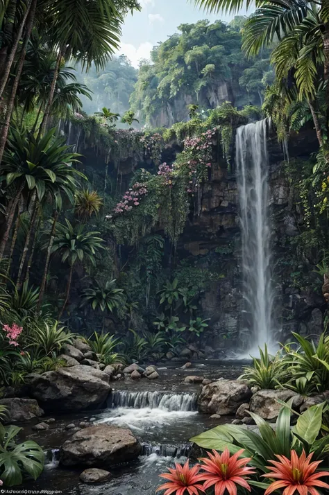 unreal engine 5 render, jungle, river, flowers, extremely detailed, colorful