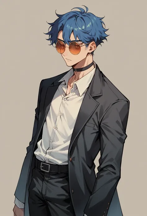 a tall skinny boy with very long dark blue hair, wearing a black suit, black choker, orange round sunglasses, 8k, high quality, masterpiece