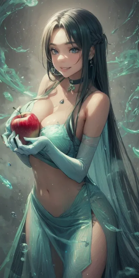 orange hair, fold, braid, long hair, orange eyes, curvy, anatomically correct, best quality, masterpiece, high quality, high details, highres, HD, fruit, food, 1girl, apple, holding_apple, holding_fruit, solo, dress, breasts, holding, looking_at_viewer, wh...