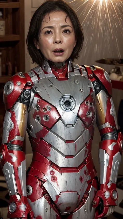 Middle-aged women　Sweaty face　Soaked Face　Painful expression　Steam coming out of the head　Humidity　Only the head is exposed　((Taking off the Iron Man suit))　　Steam from the body　lifted　The lower half of the body is an Iron Man suit