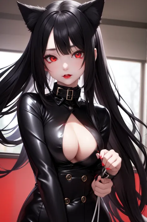 1 girl、Detailed facial details，Cat ear，Black long hair,red lips，Slim，Latex school uniform，Student Clothing，Large Breasts，Charming red eyes,，handcuffs，collar，Radiant Skin，campus，forest