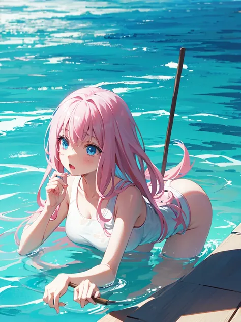 楽しそう、Full Body Shot、Semi-long hair、Pink Hair、Pale blue eyes、、Swimsuit、pool、Medium breast、、whole body、stick out your butt