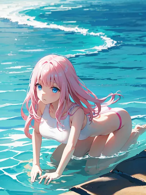 楽しそう、Full Body Shot、Semi-long hair、Pink Hair、Pale blue eyes、、Swimsuit、pool、Medium breast、、whole body、stick out your butt