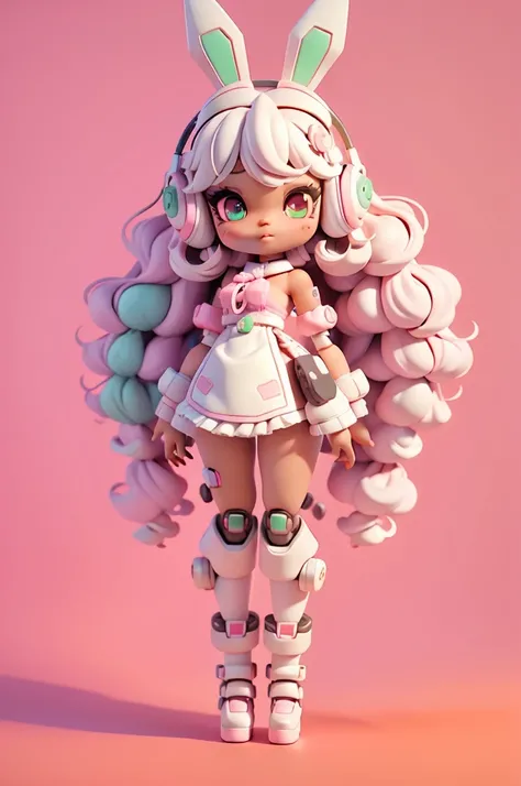  (full body);Create a series of cute black afro dolls chibi style afro skin; cyberpunk style; 3d; cute; 3d toy art; toy art; anime style; glitter; color pink; color white; Bunny details; cyberpunk details; robot limbs; wavy and curly hair; eyes must be lar...