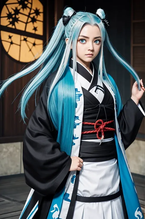 Captura de pantalla de Kimetsu No Yaiba.
Make a girl with long white hair with blue highlights. you have light blue eyes and it is serious. She is wearing a white haori with black details at the bottom of the haori it has some stars.
Below is the hunter un...