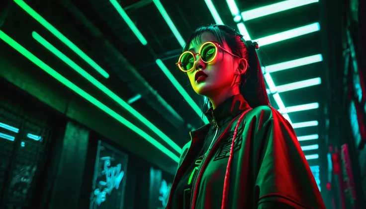 Dark night cyberpunk background，Neon，,Standing，Red and dark green national trend style，woman，Chinese clothing，手持Neon，With round black glasses，Face details at its all，Looking up，Wide-angle shooting，High Definition Rendering